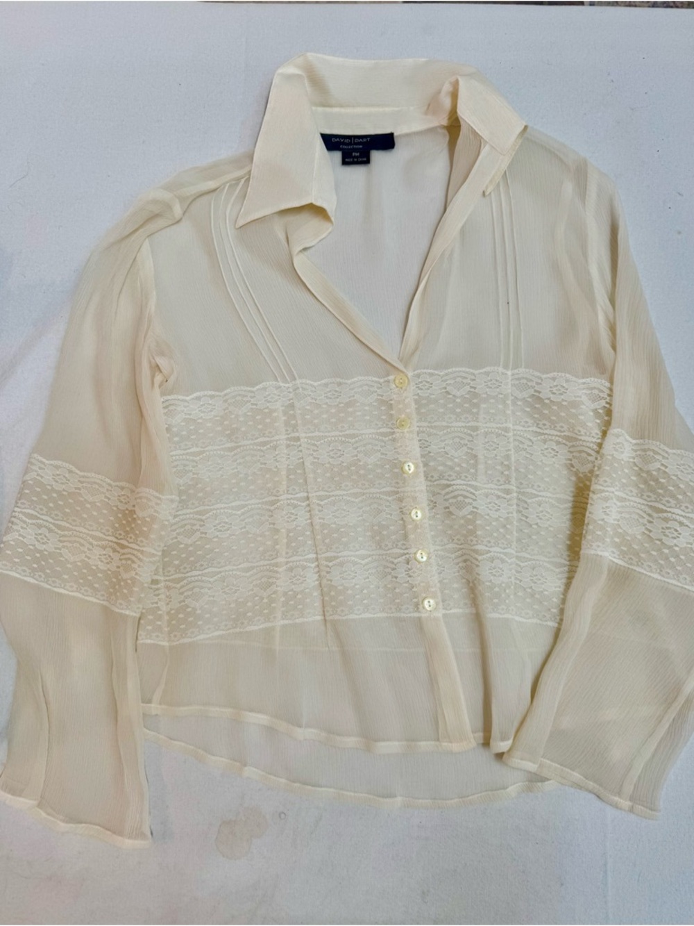 Sheer Cream Lace-Trim Button-Front Blouse